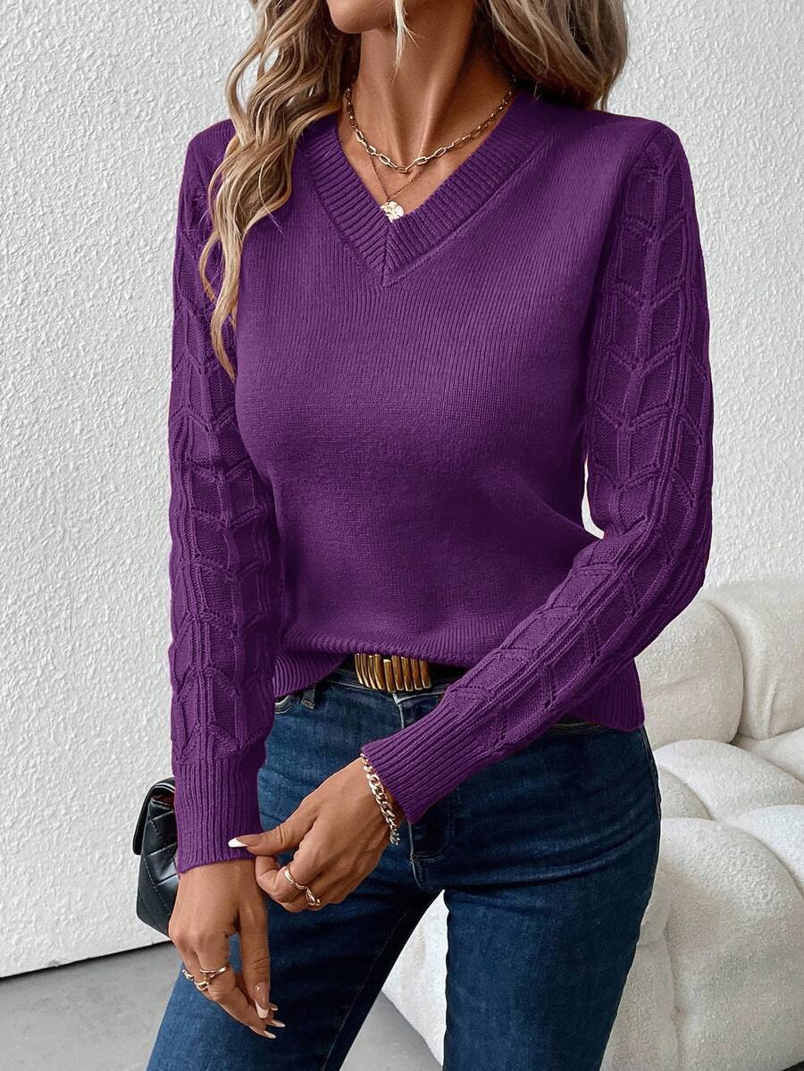 Women's Cable Knit Sleeve V-Neck Pullover