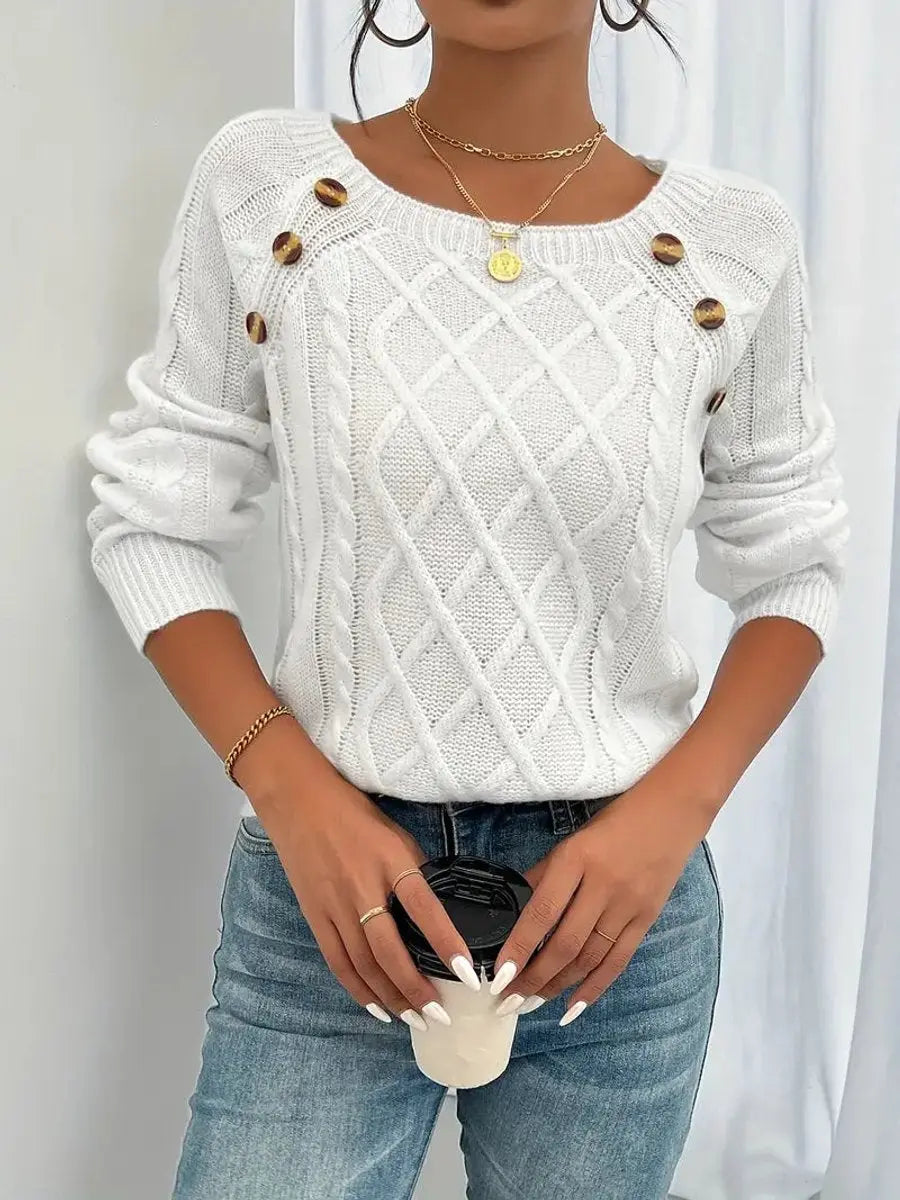 Women's Cable-Knit Sweater Round Neck Button Detail Jumper