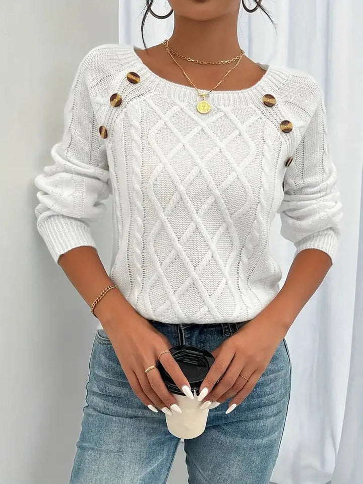 Women's Cable-Knit Sweater Round Neck Button Detail Jumper