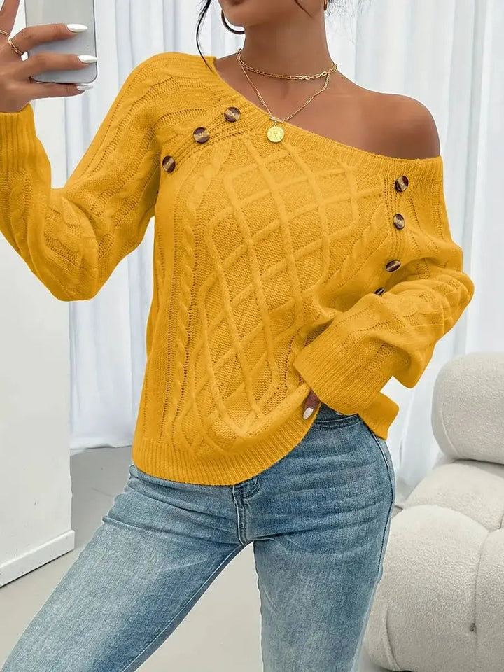 Women's Cable-Knit Sweater Round Neck Button Detail Jumper