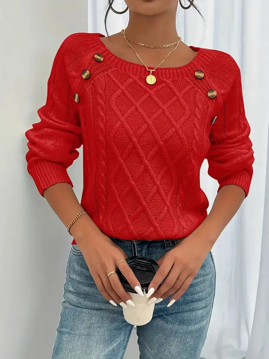 Women's Cable-Knit Sweater Round Neck Button Detail Jumper