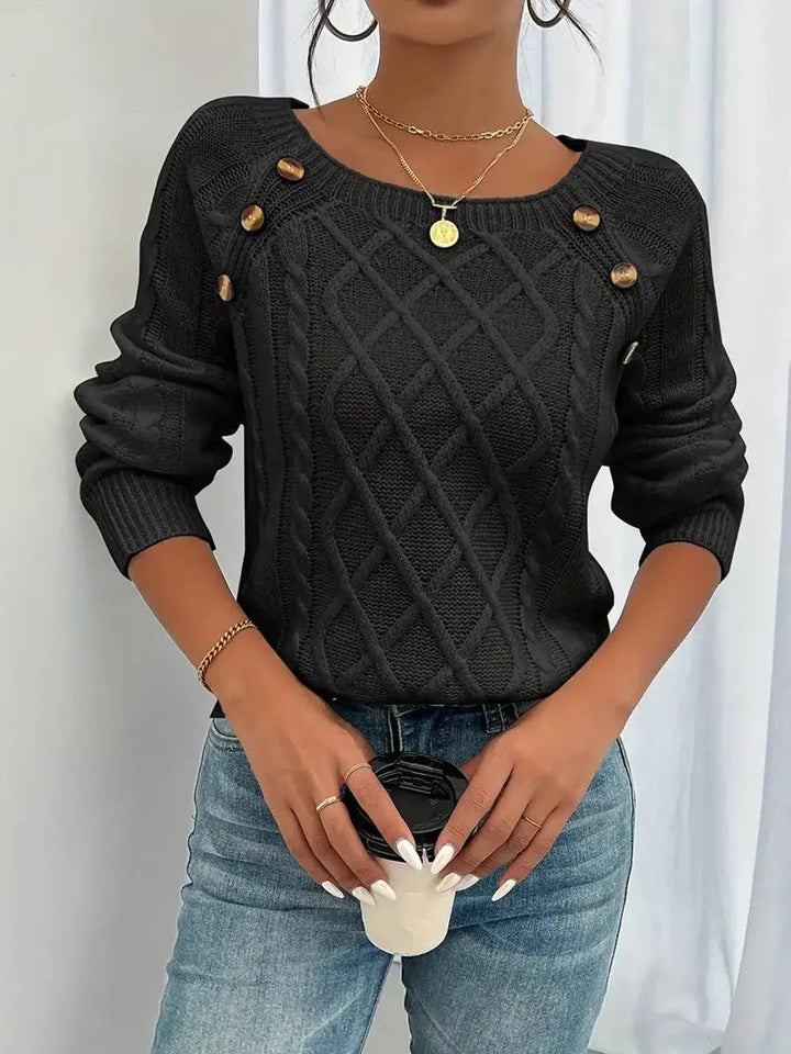 Women's Cable-Knit Sweater Round Neck Button Detail Jumper