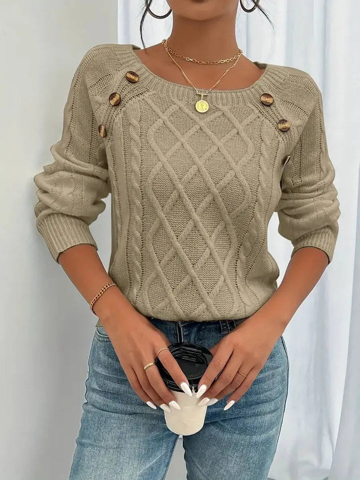 Women's Cable-Knit Sweater Round Neck Button Detail Jumper