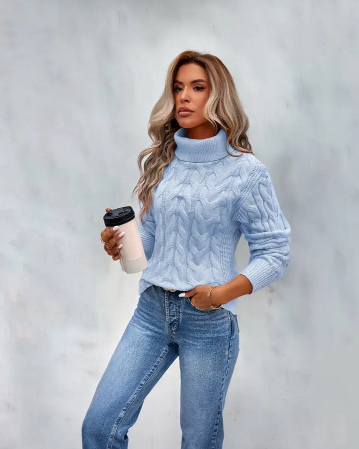 Women's Cable-Knit Turtleneck Sweater Longline Jumper
