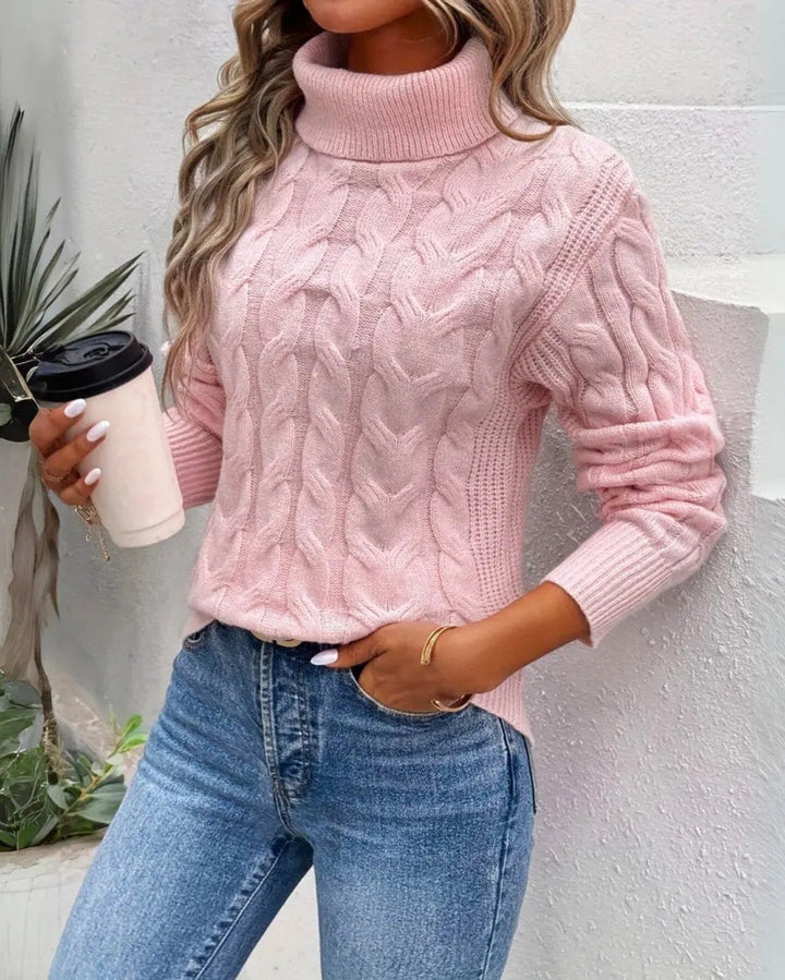 Women's Cable-Knit Turtleneck Sweater Longline Jumper