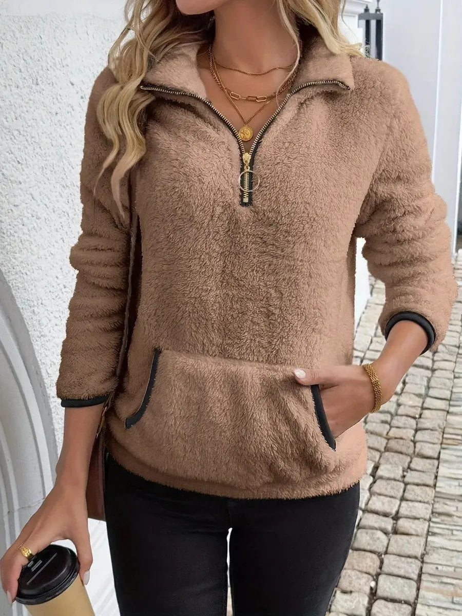 Women's Cardigan Half-Zip Fluffy Teddy Fleece Pullover Jumper