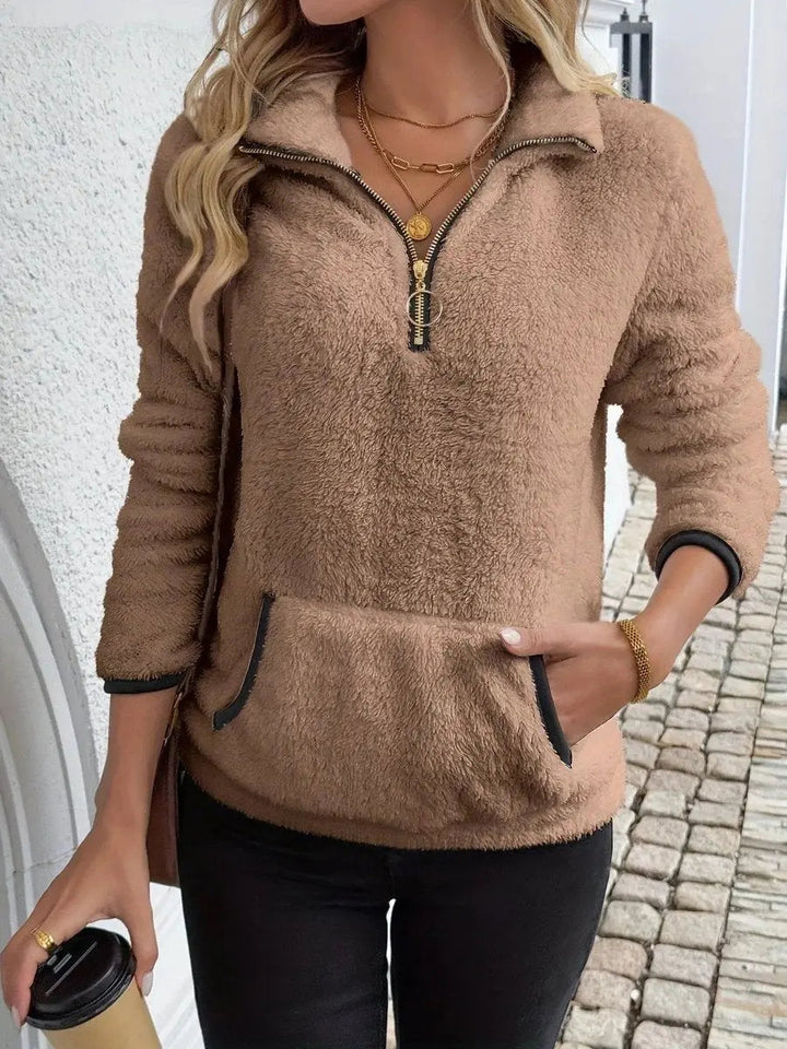 Women's Cardigan Half-Zip Fluffy Teddy Fleece Pullover Jumper