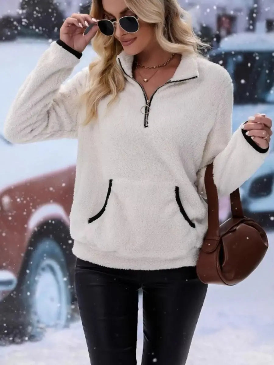 Women's Cardigan Half-Zip Fluffy Teddy Fleece Pullover Jumper