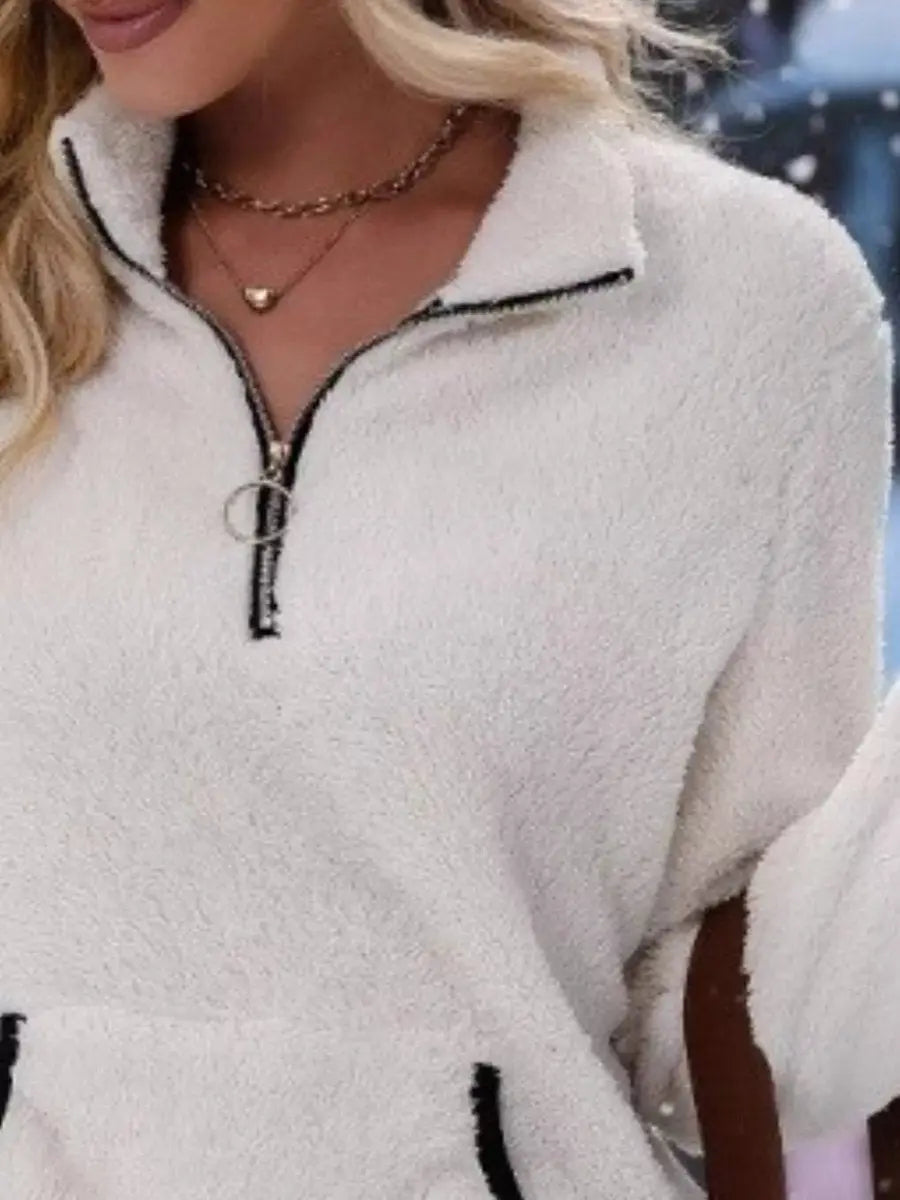 Women's Cardigan Half-Zip Fluffy Teddy Fleece Pullover Jumper