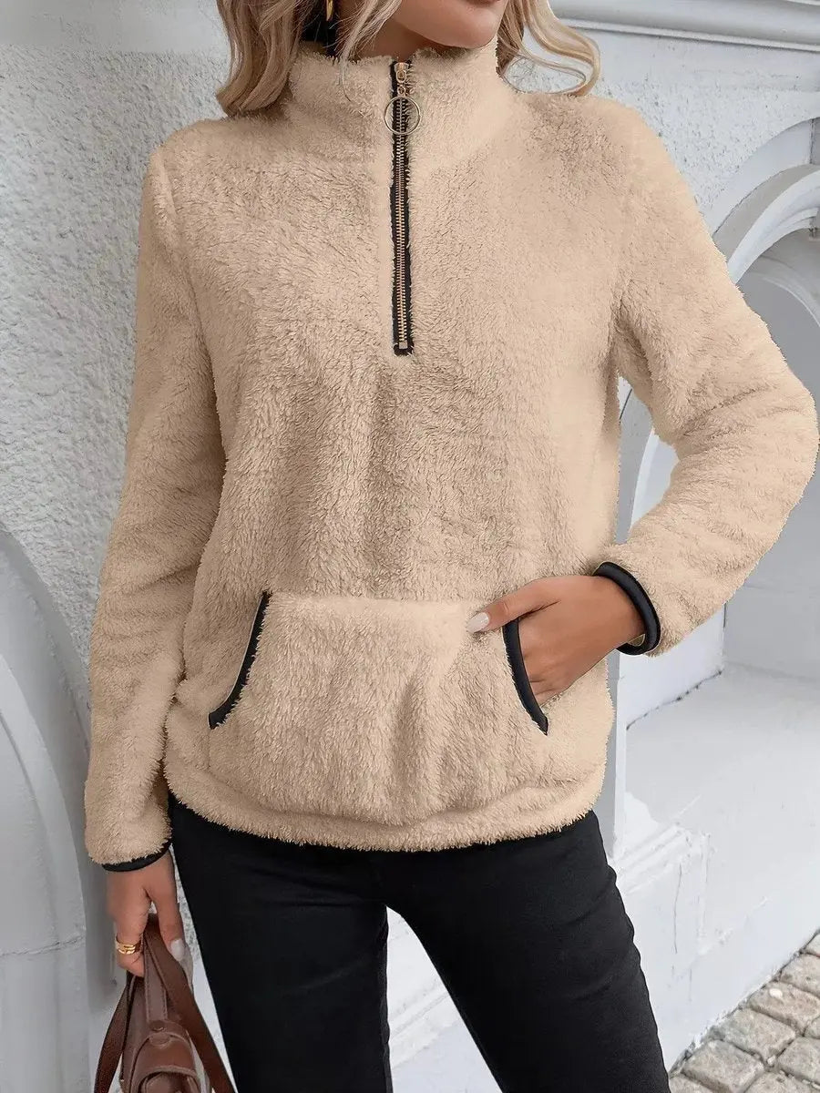 Women's Cardigan Half-Zip Fluffy Teddy Fleece Pullover Jumper