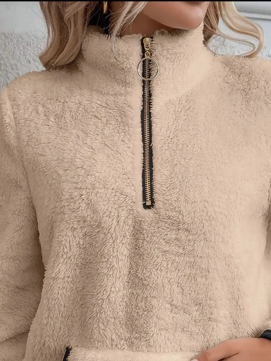 Women's Cardigan Half-Zip Fluffy Teddy Fleece Pullover Jumper