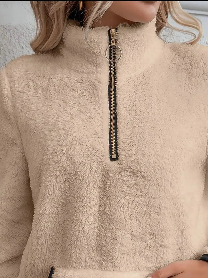 Women's Cardigan Half-Zip Fluffy Teddy Fleece Pullover Jumper