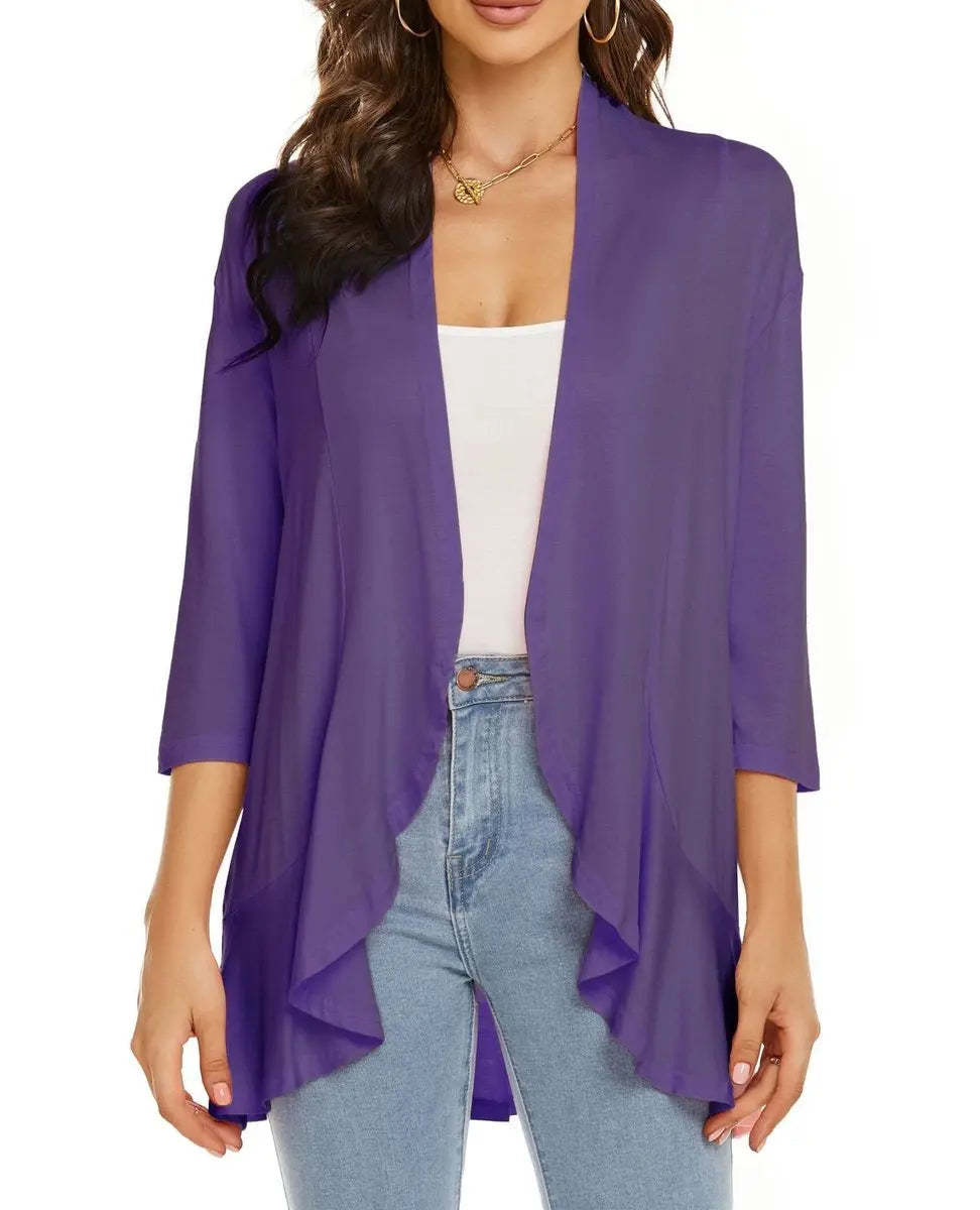 Women's Cardigan Lightweight Open Front 3/4 Sleeve Draped Cardigan