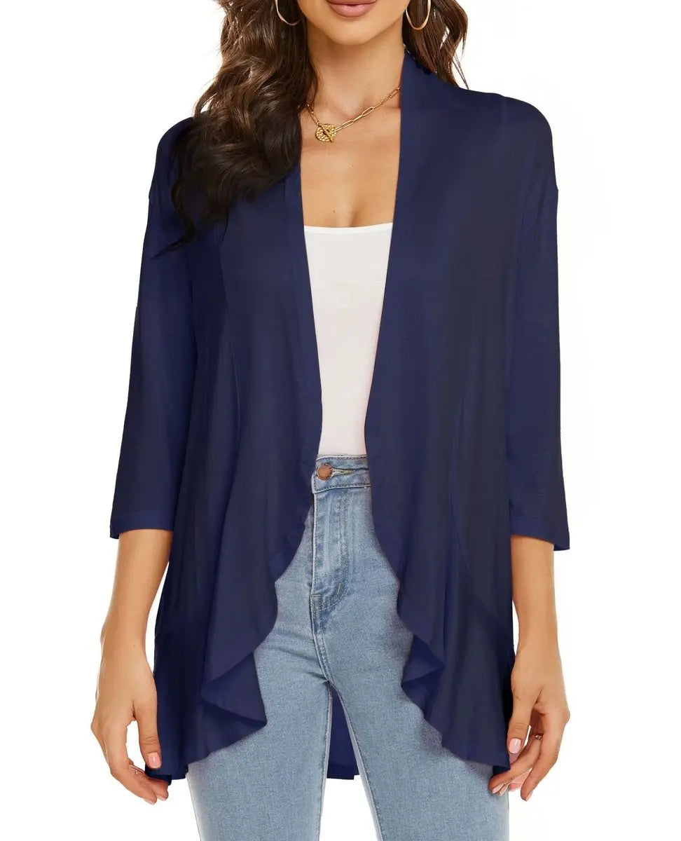 Women's Cardigan Lightweight Open Front 3/4 Sleeve Draped Cardigan