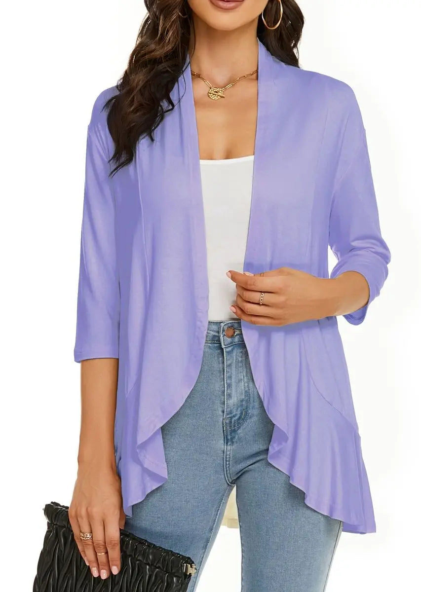 Women's Cardigan Lightweight Open Front 3/4 Sleeve Draped Cardigan