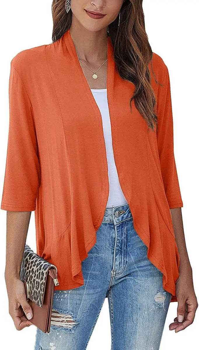 Women's Cardigan Lightweight Open Front 3/4 Sleeve Draped Cardigan