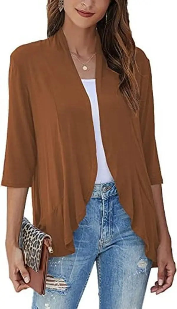 Women's Cardigan Lightweight Open Front 3/4 Sleeve Draped Cardigan