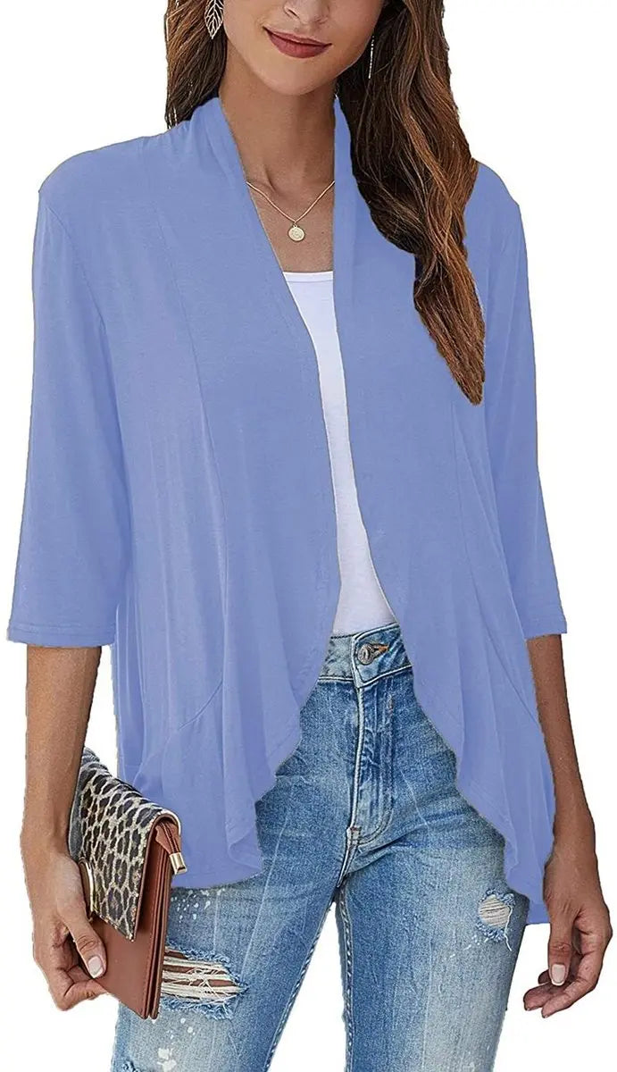 Women's Cardigan Lightweight Open Front 3/4 Sleeve Draped Cardigan