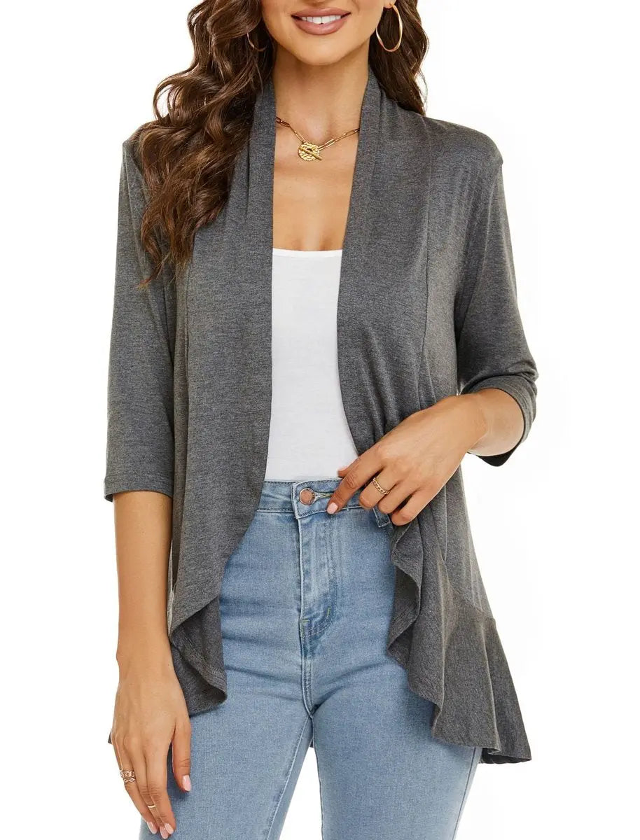 Women's Cardigan Lightweight Open Front 3/4 Sleeve Draped Cardigan