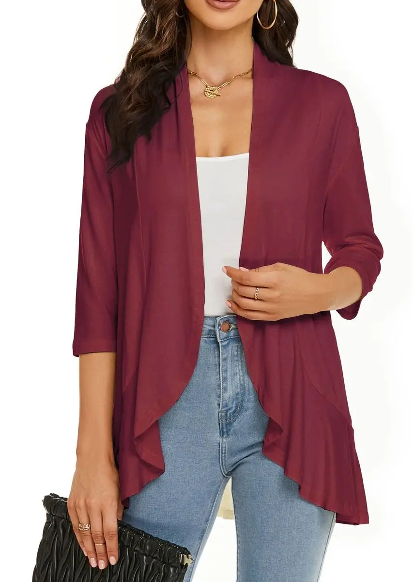 Women's Cardigan Lightweight Open Front 3/4 Sleeve Draped Cardigan