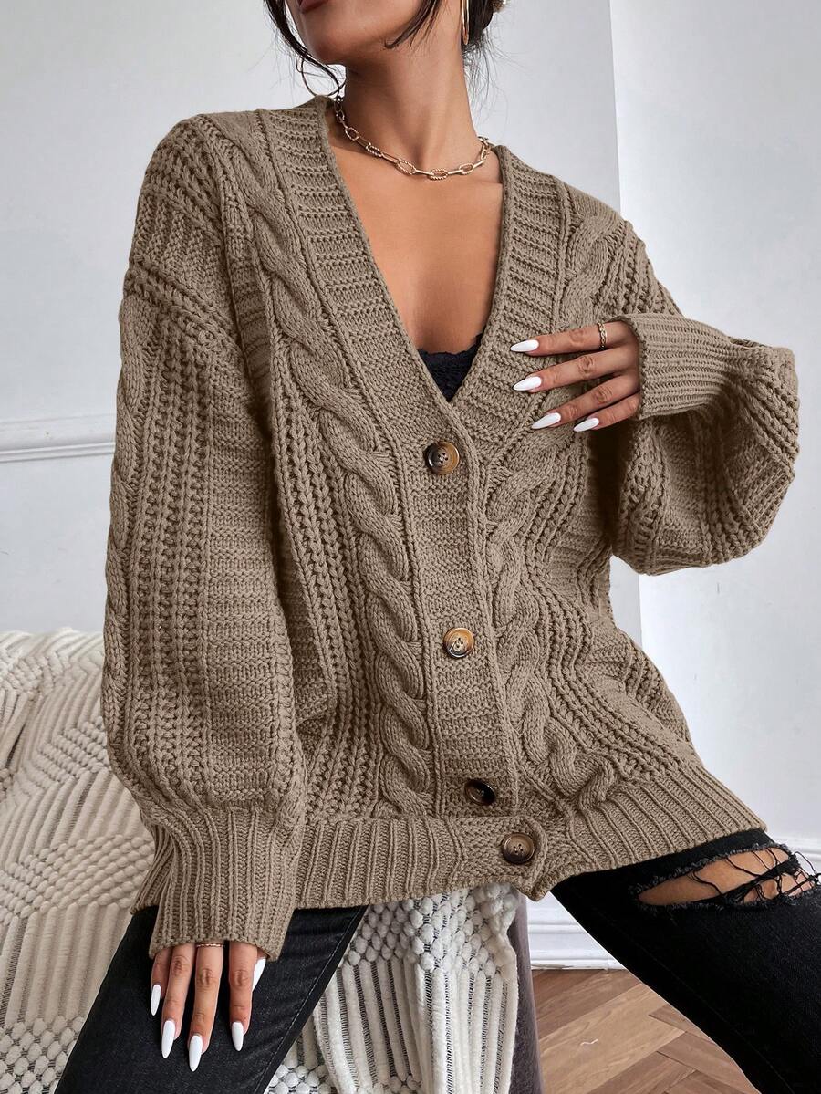 Women's Chunky Cable Knit Cardigan with Bishop Sleeves