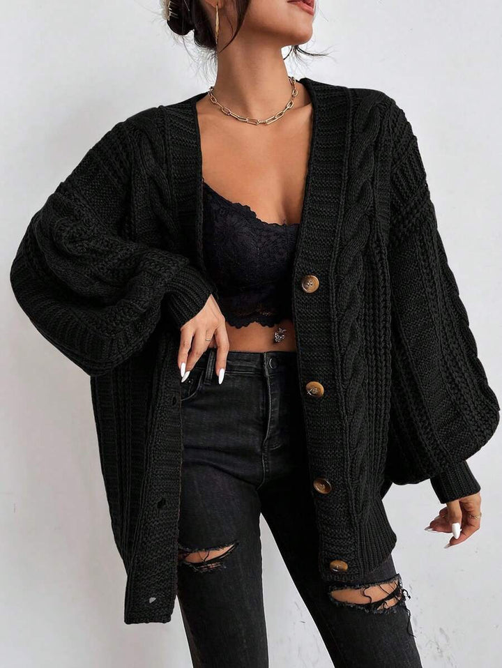 Women's Chunky Cable Knit Cardigan with Bishop Sleeves