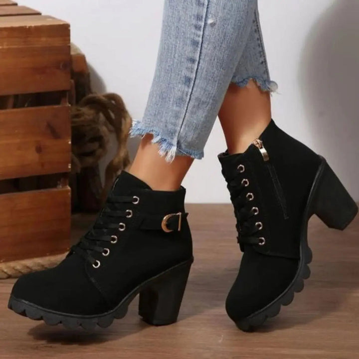 Women's Chunky-Heel Lace-Up Ankle Boots Metal Buckle