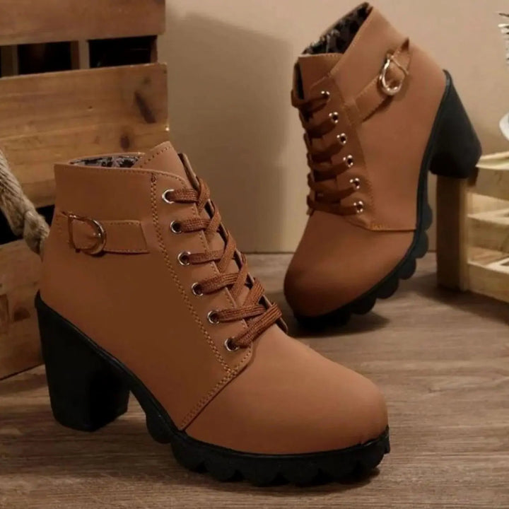 Women's Chunky-Heel Lace-Up Ankle Boots Metal Buckle