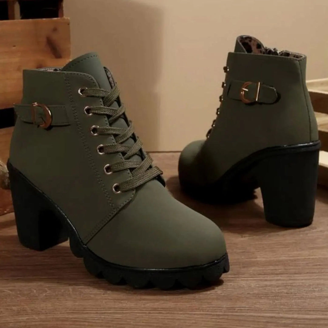 Women's Chunky-Heel Lace-Up Ankle Boots Metal Buckle