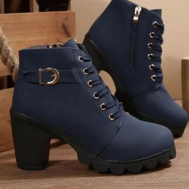 Women's Chunky-Heel Lace-Up Ankle Boots Metal Buckle
