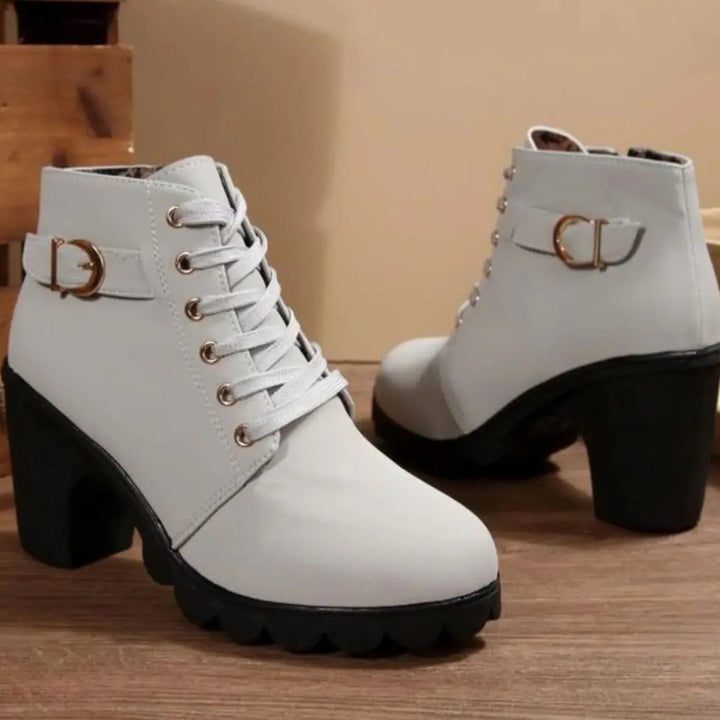 Women's Chunky-Heel Lace-Up Ankle Boots Metal Buckle
