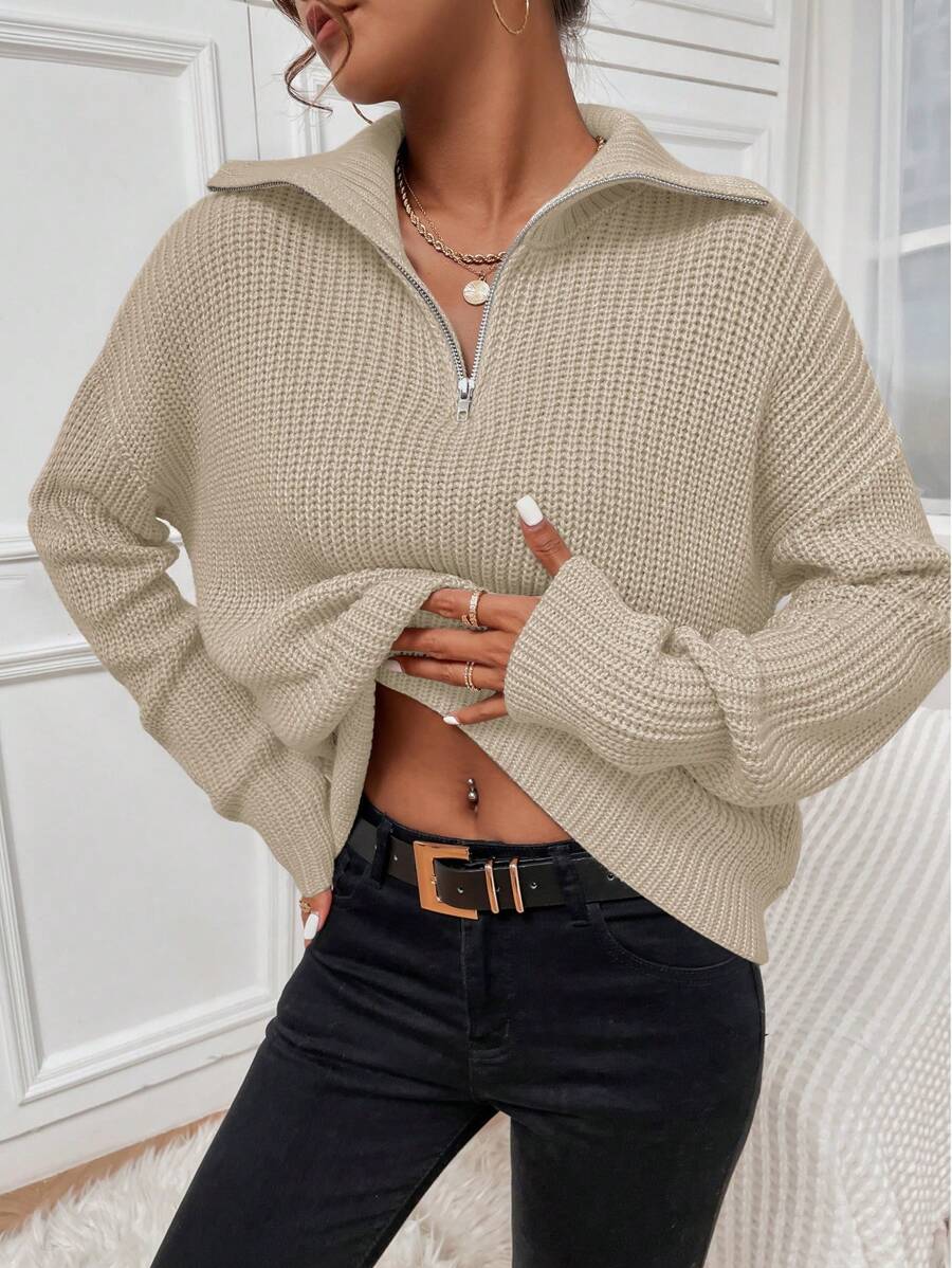 Women's Chunky Rib Half Zip Fold Over Collar Jumper