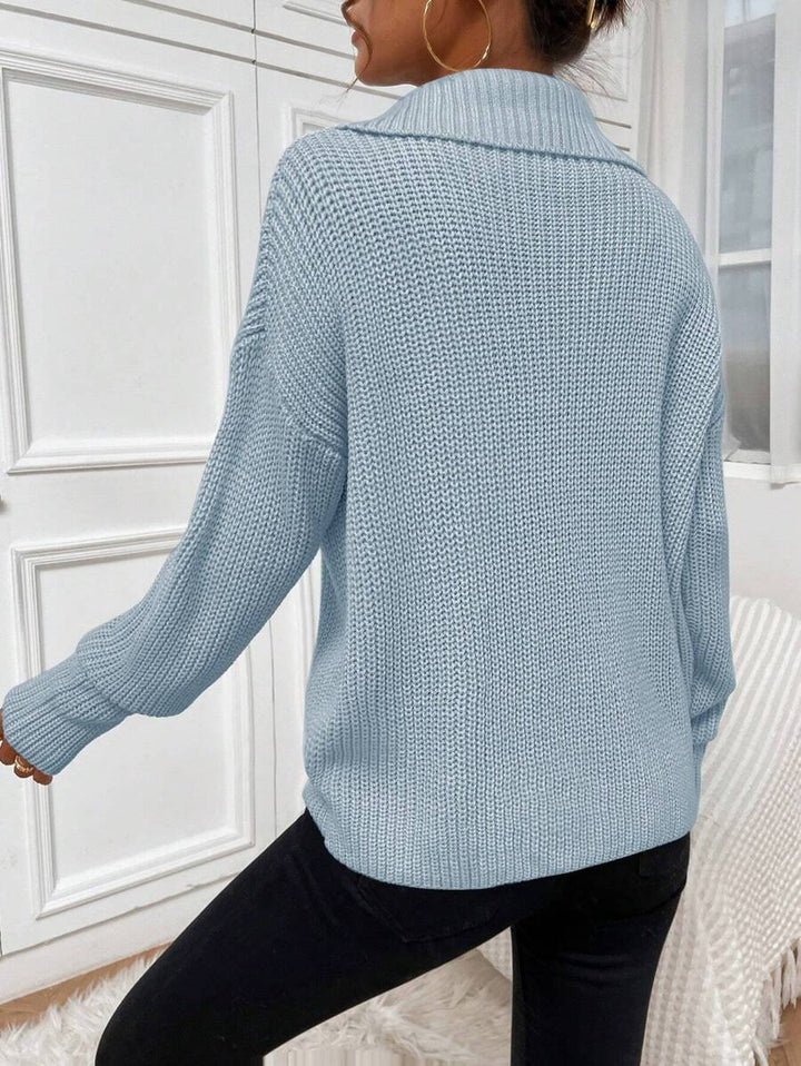 Women's Chunky Rib Half Zip Fold Over Collar Jumper