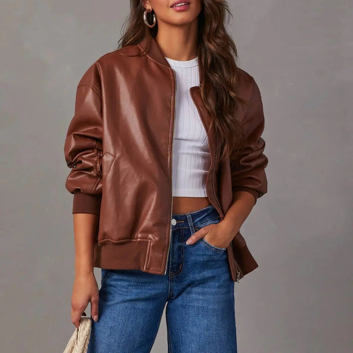 Women's Coat Relaxed Bomber Faux Leather Zip-Up Jacket