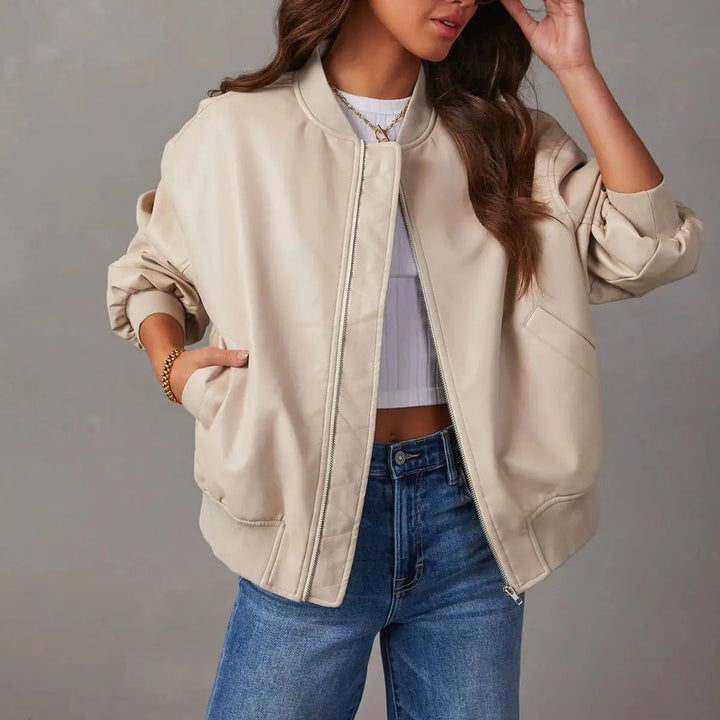 Women's Coat Relaxed Bomber Faux Leather Zip-Up Jacket
