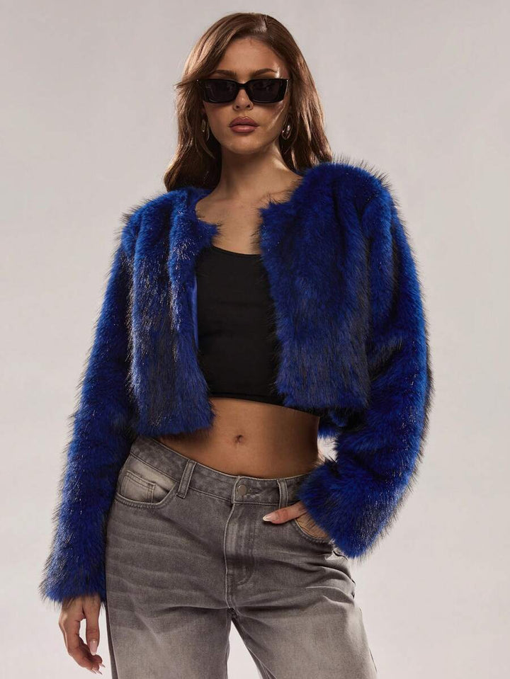 Women's Collarless Plush Cropped Evening Jacket