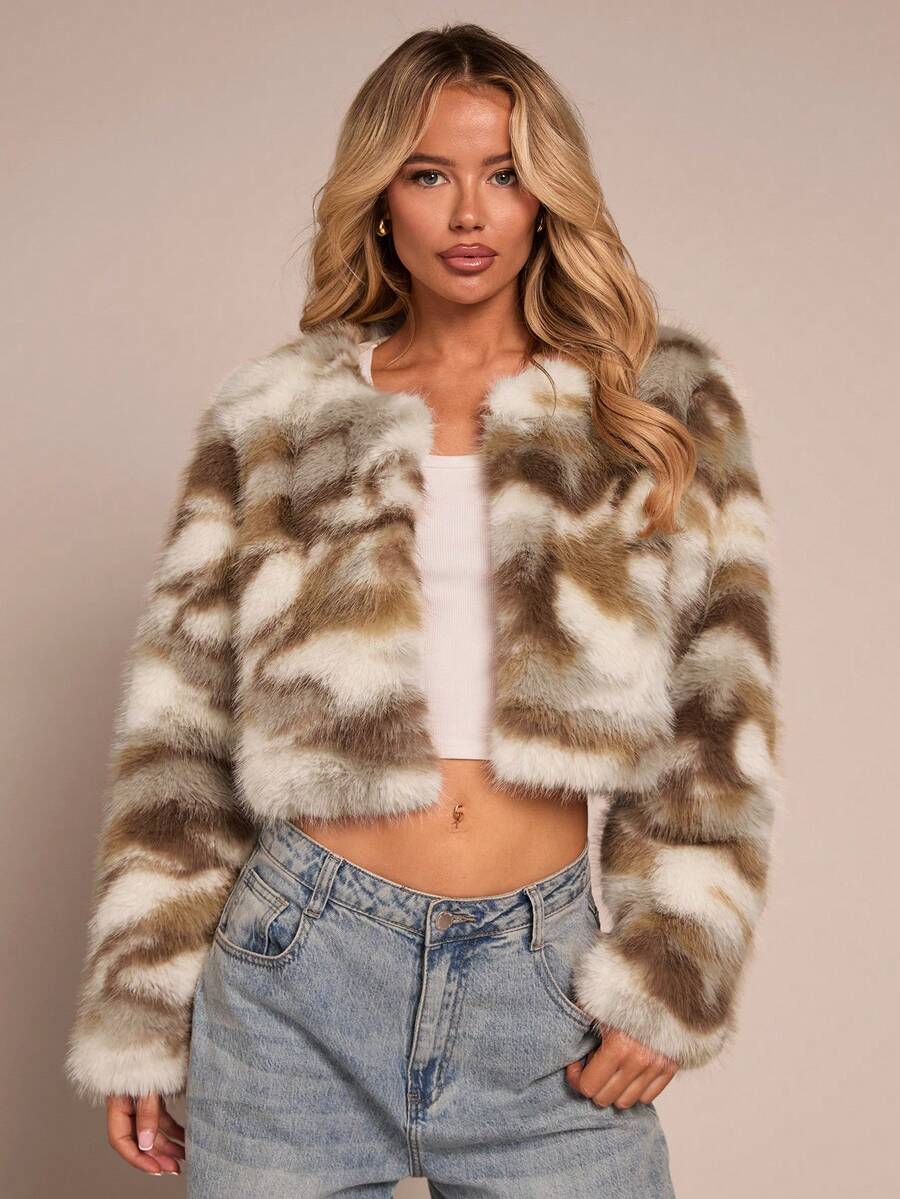 Women's Collarless Plush Cropped Evening Jacket
