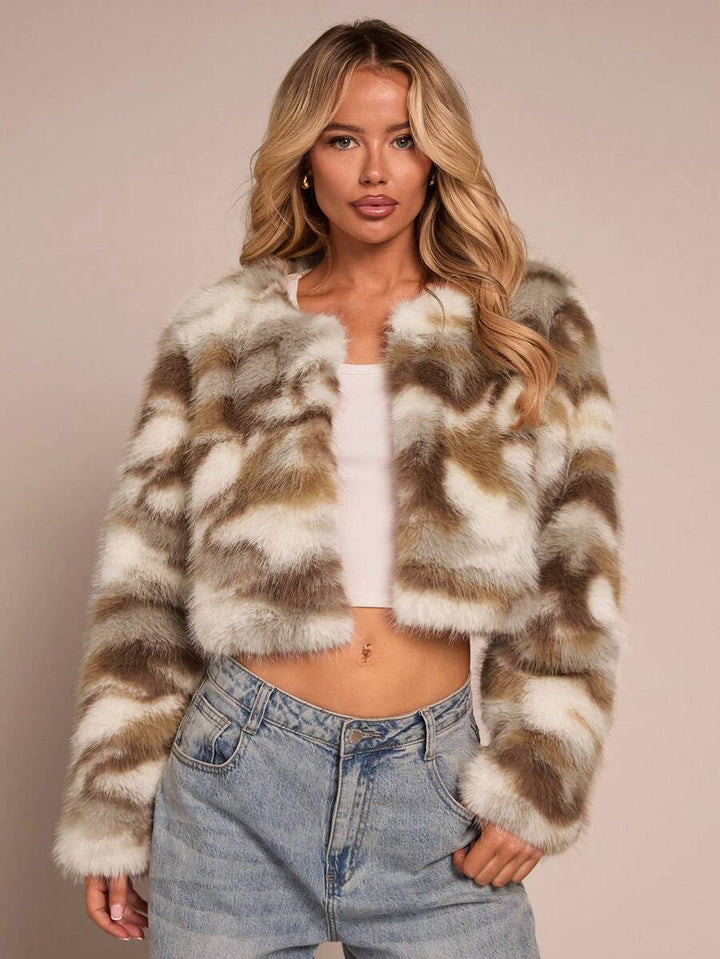 Women's Collarless Plush Cropped Evening Jacket