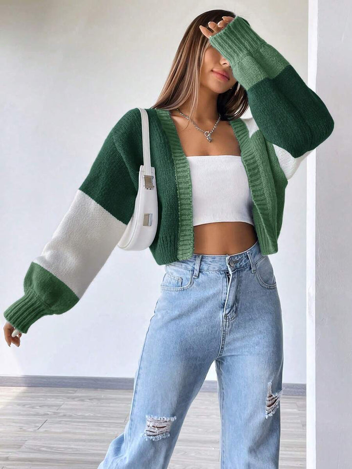 Women's Colourblock Open Front Cropped Cardigan