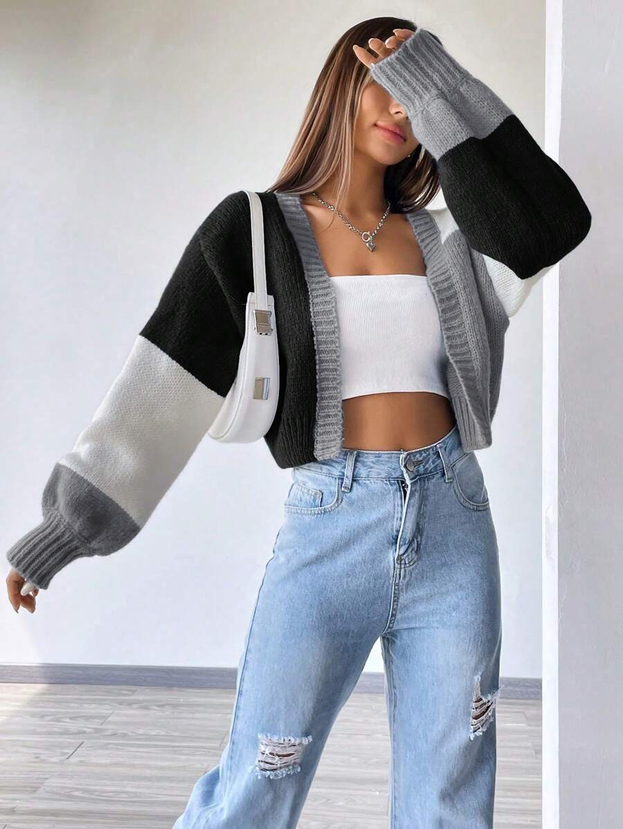 Women's Colourblock Open Front Cropped Cardigan