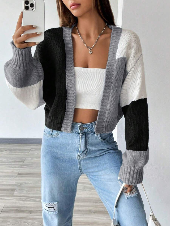 Women's Colourblock Open Front Cropped Cardigan