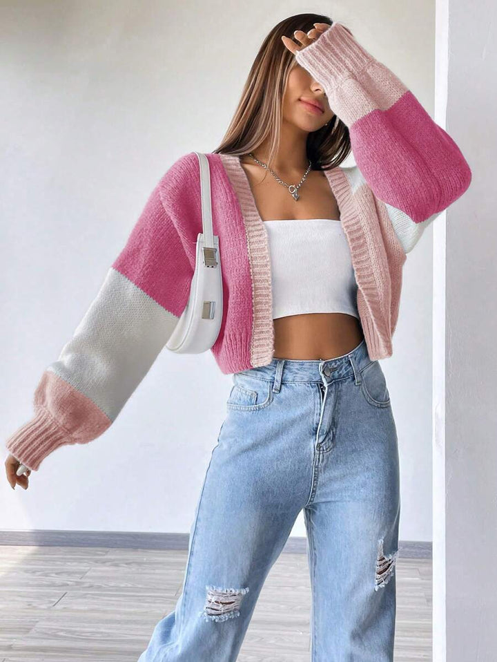 Women's Colourblock Open Front Cropped Cardigan