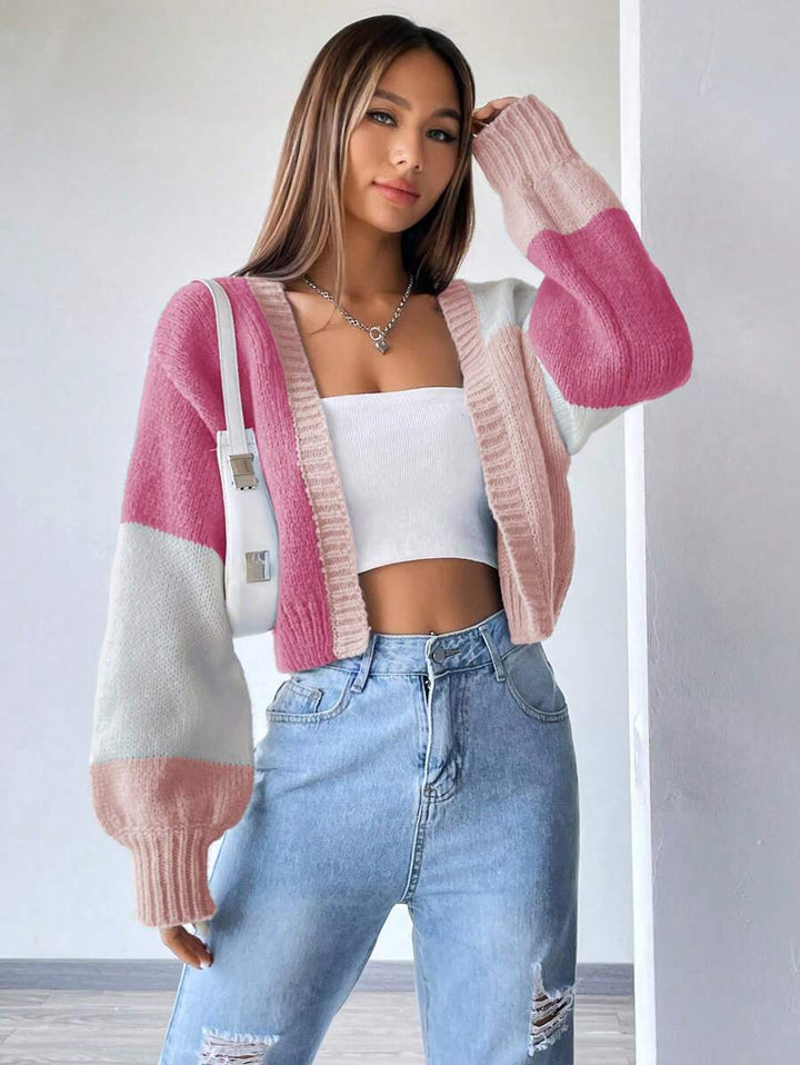 Women's Colourblock Open Front Cropped Cardigan