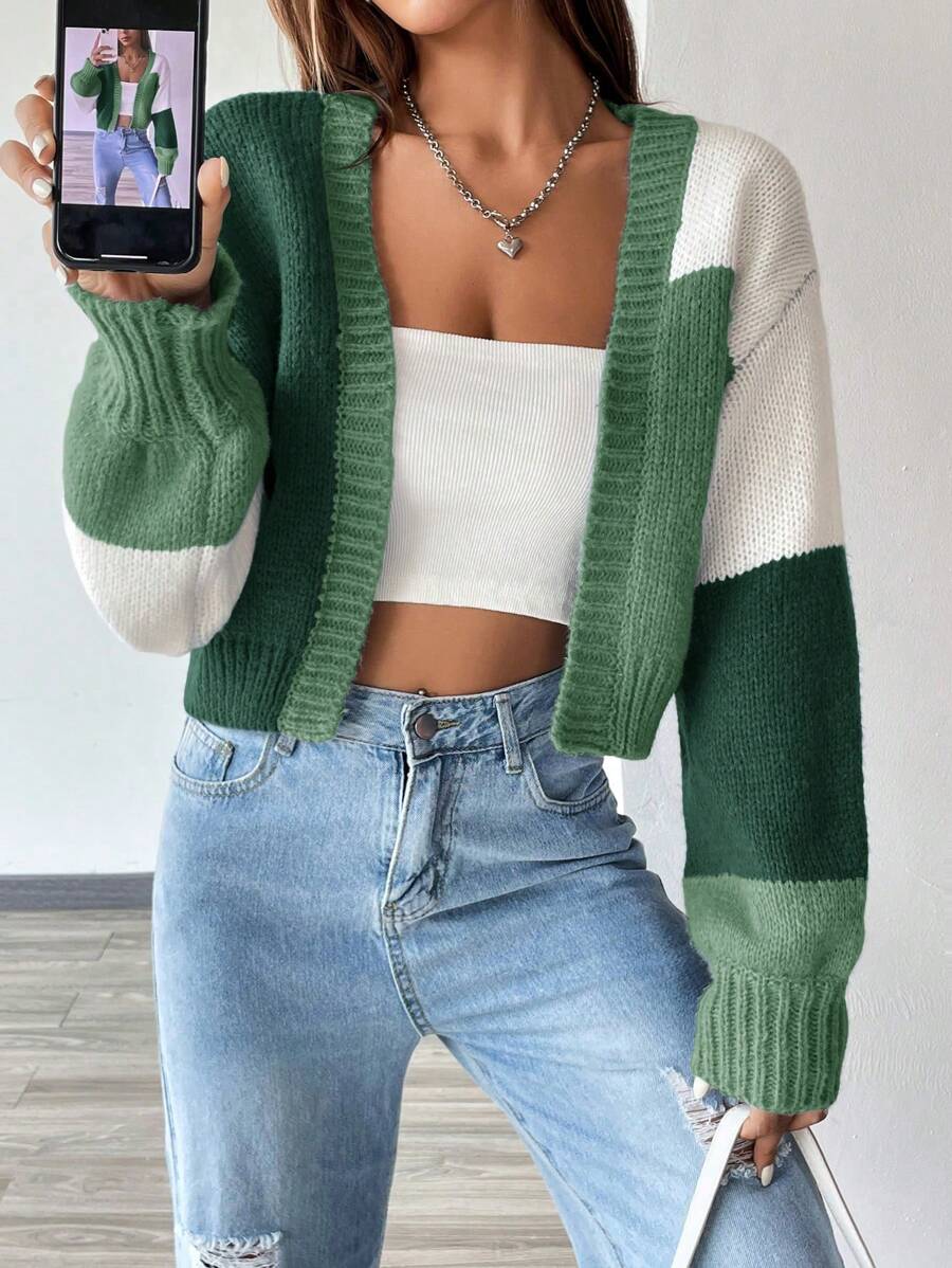 Women's Colourblock Open Front Cropped Cardigan
