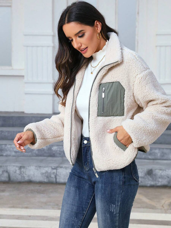 Women's Contrast Panel Teddy Zip-Up Jacket
