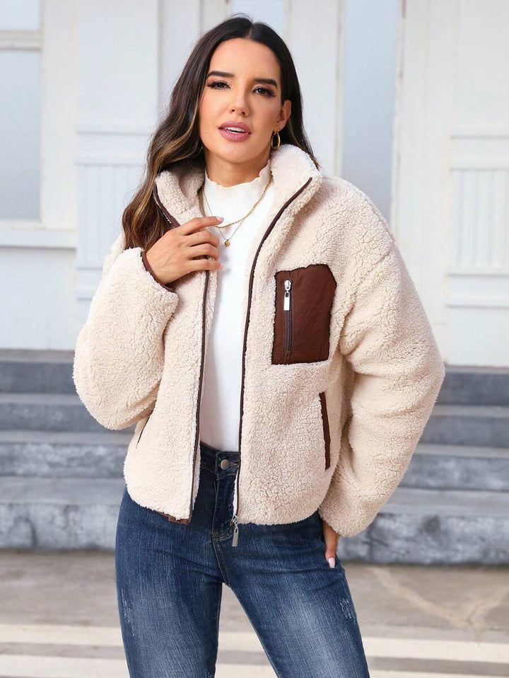 Women's Contrast Panel Teddy Zip-Up Jacket