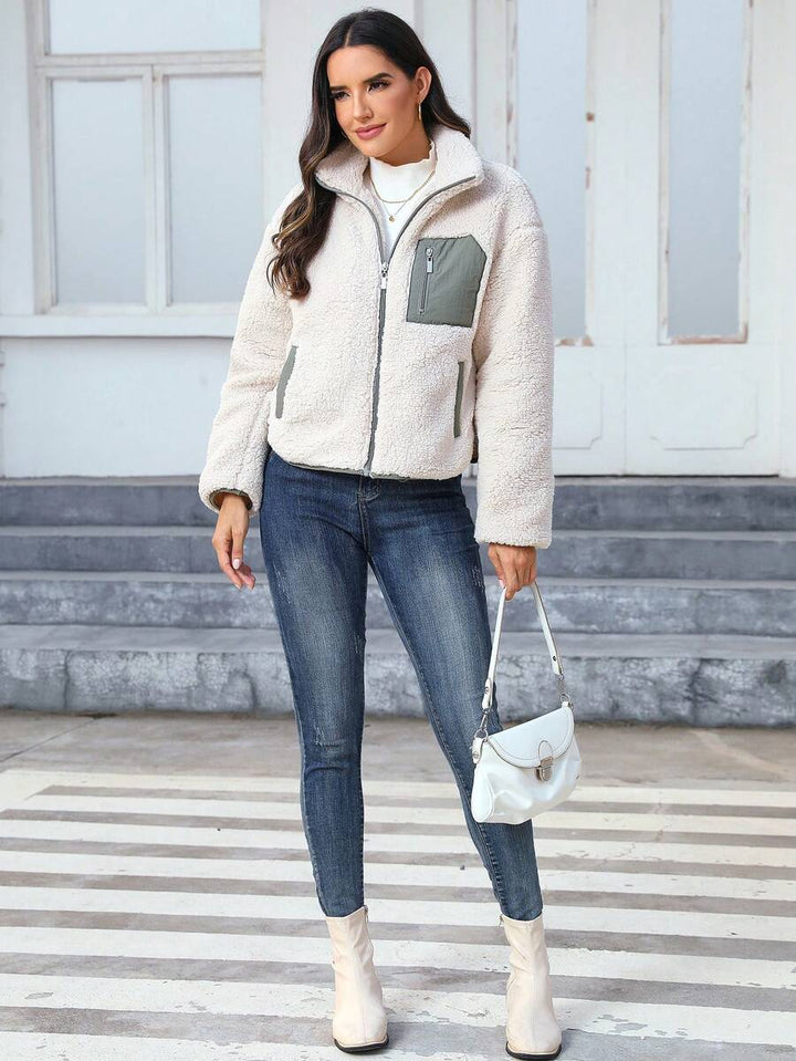 Women's Contrast Panel Teddy Zip-Up Jacket