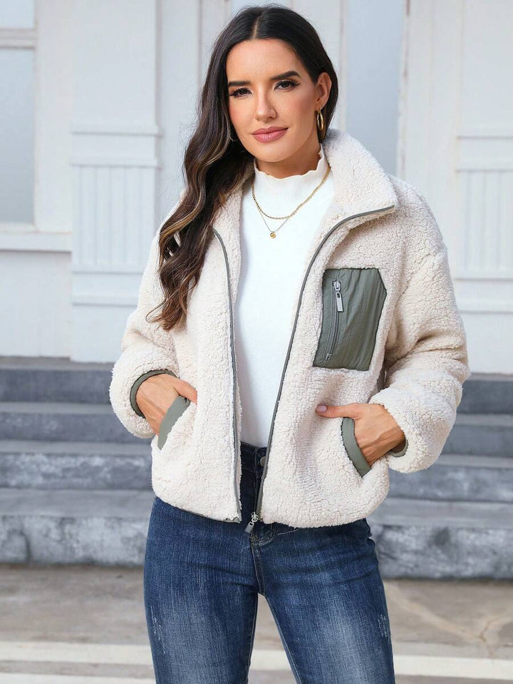Women's Contrast Panel Teddy Zip-Up Jacket