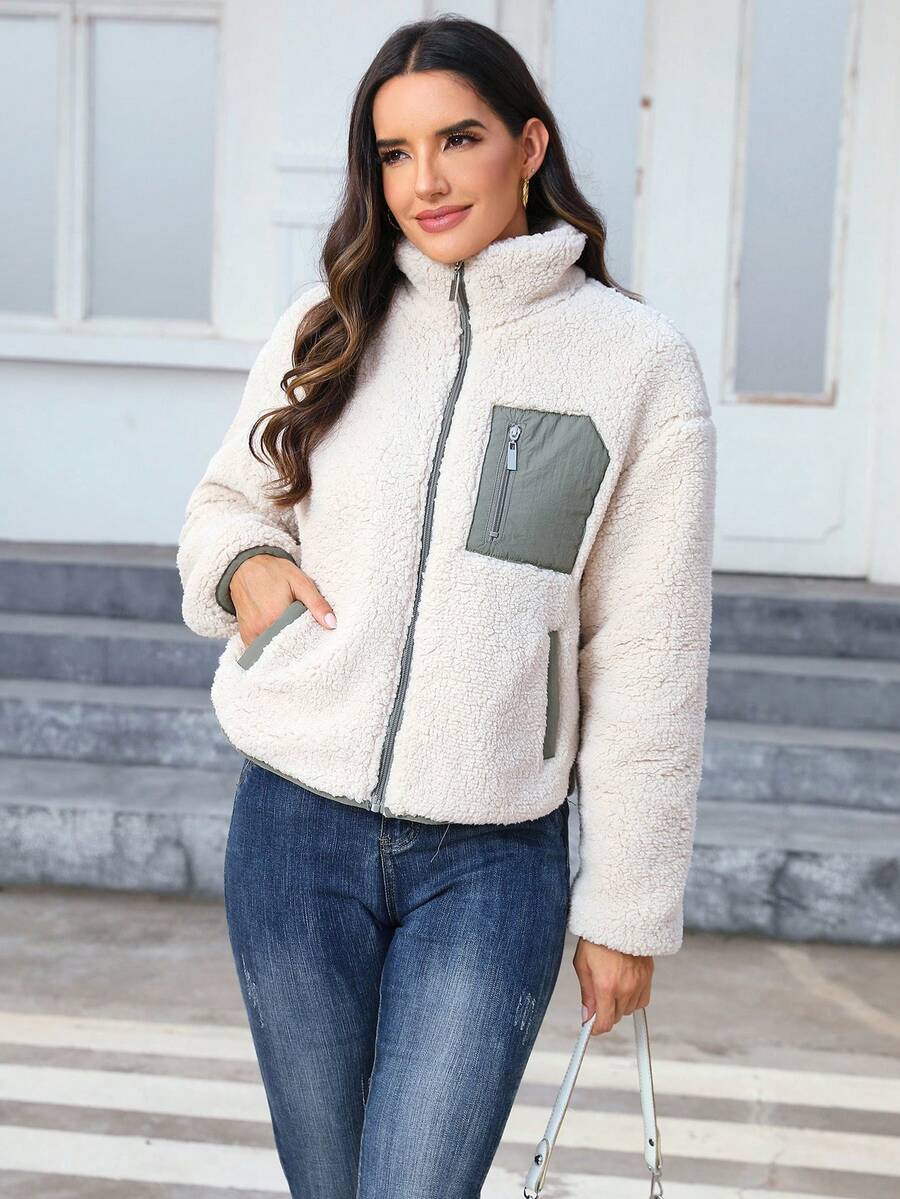 Women's Contrast Panel Teddy Zip-Up Jacket