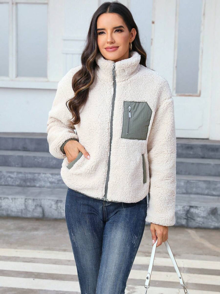 Women's Contrast Panel Teddy Zip-Up Jacket